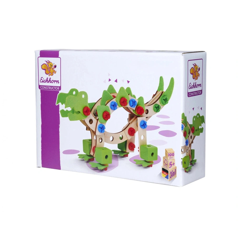 Eichhorn Constructor Dinosaur construction set packaging features a green dinosaur, tree, and colorful text on a white backgr