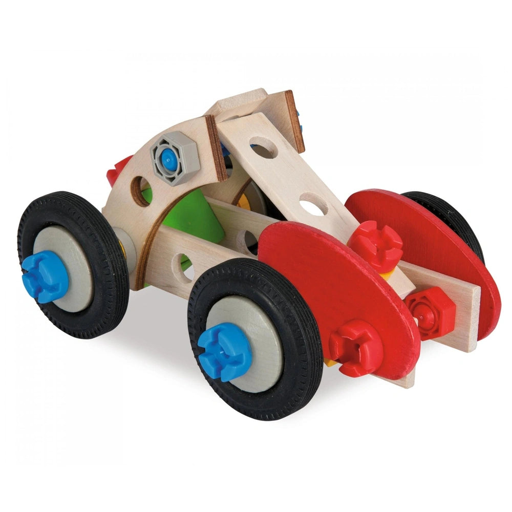Eichhorn Constructor Racer Car features a wooden base, red wheel covers, and colorful plastic axles in a centered layout.
