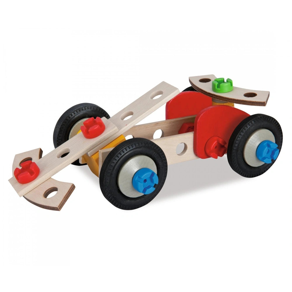 Eichhorn Constructor Racer Car features a blue frame and three colorful wheels in red, yellow, and blue.