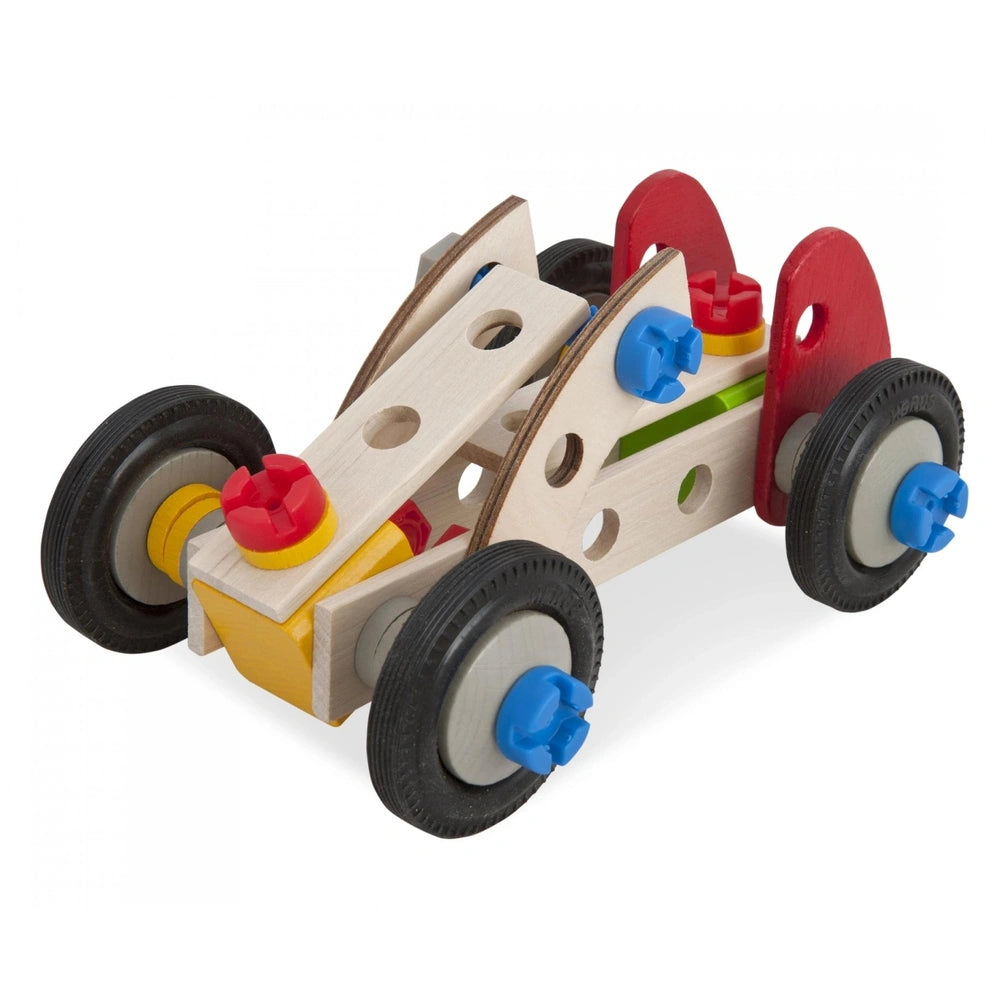 Eichhorn Constructor Racer Car features a wooden frame, black wheels, red and yellow axles, and blue plastic connectors.