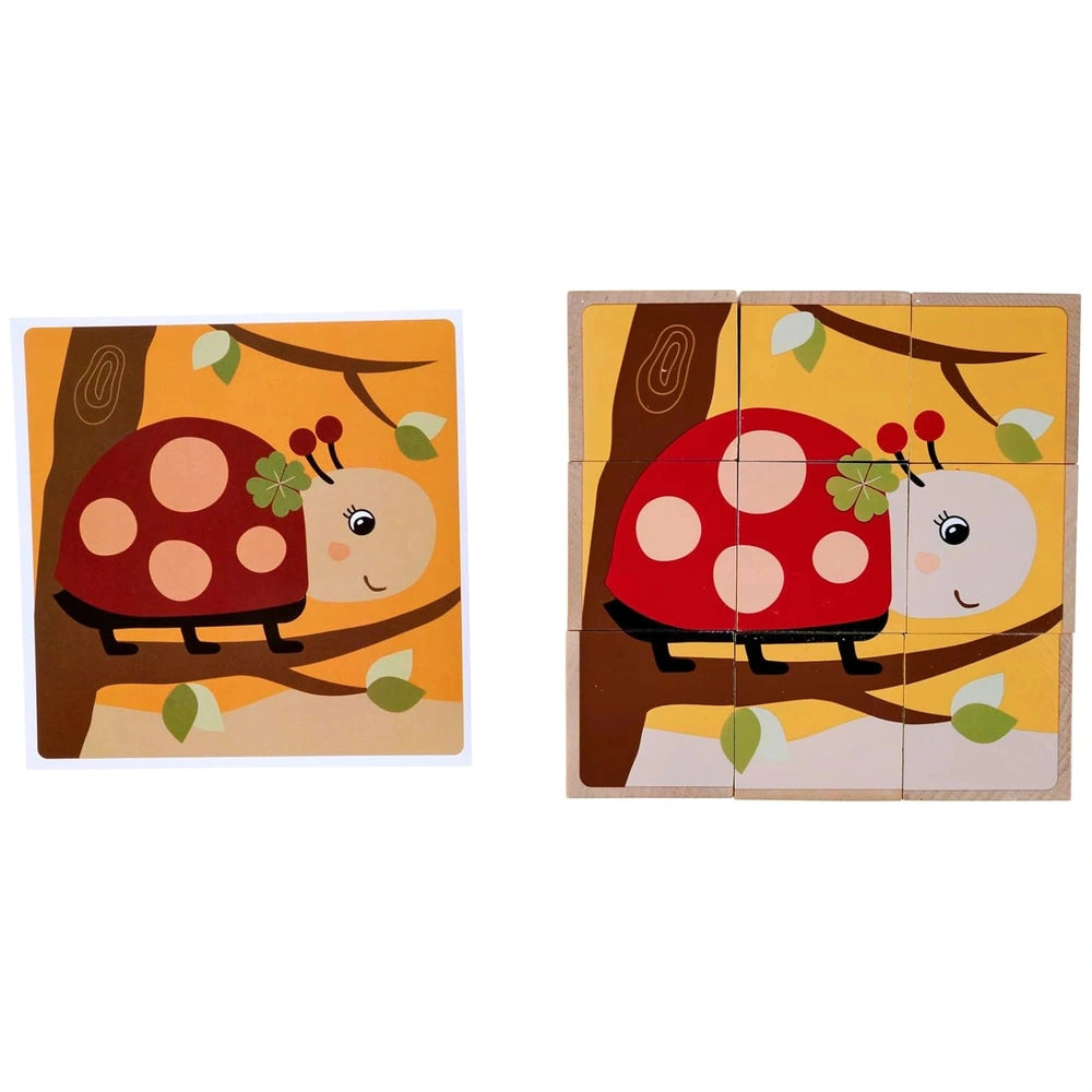 Eichhorn puzzle pieces feature a vibrant ladybug illustration on a yellow background, designed to interlock together.
