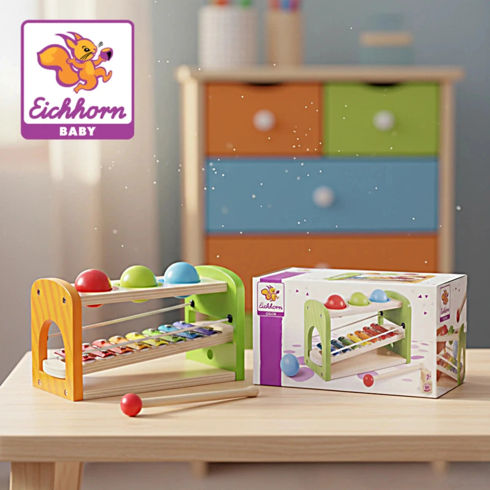 Eichhorn Hammer Bench with Xylophone, colorful wooden toy for kids featuring a mallet and vibrant musical elements.