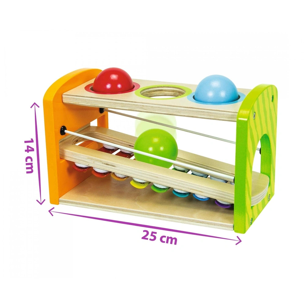 Eichhorn Hammer Bench with Xylophone features colorful balls and wooden tracks, ideal for kids musical play.