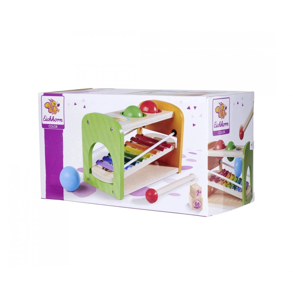 Eichhorn Hammer Bench with Xylophone, a colorful wooden toy set encouraging musical exploration for children.