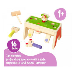 Eichhorn Knocking Game Pop Up toy set features a wooden table, colorful pegs, hammer, and a cute cat figure, all designed for