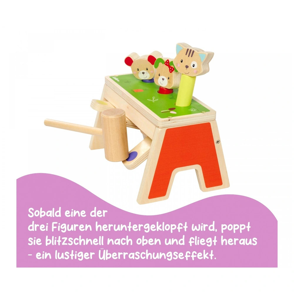Eichhorn knocking game set featuring colorful teddy bears, hammers, and a vibrant pop-up surprise effect for baby activities.