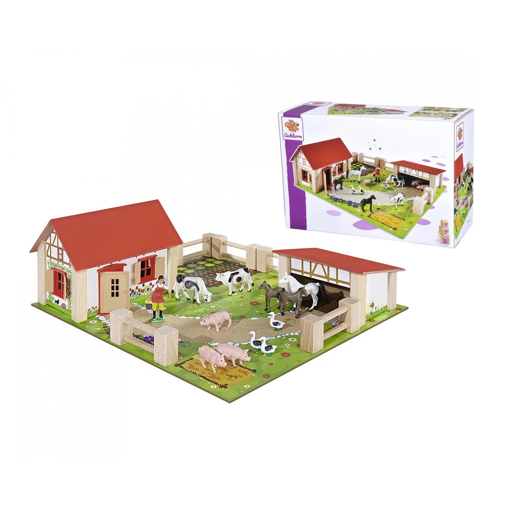 Eichhorn Little Farm Set featuring a farmhouse, barn, and playful cardboard farm animals in vibrant colors.