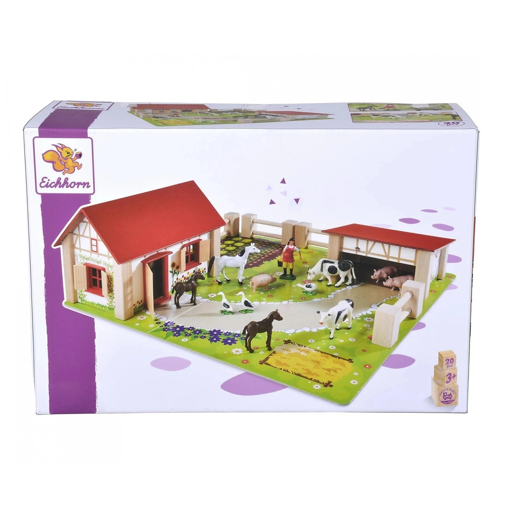 Eichhorn Little Farm Set features vibrant toy barn, animals, and farm scene in a colorful boxed playset designed for children