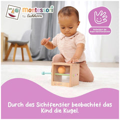 Eichhorn Montessori interactive toy set showcases a toddler engaged with a wooden rattle, promoting motor skills and visual t