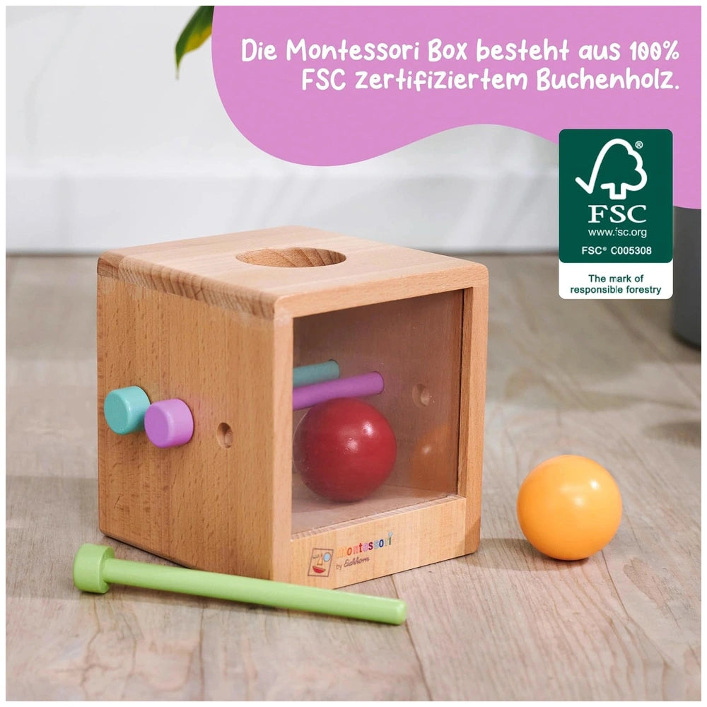 Eichhorn Montessori interactive educational toy construction set with wooden box, red ball, and green stick on wooden floor.