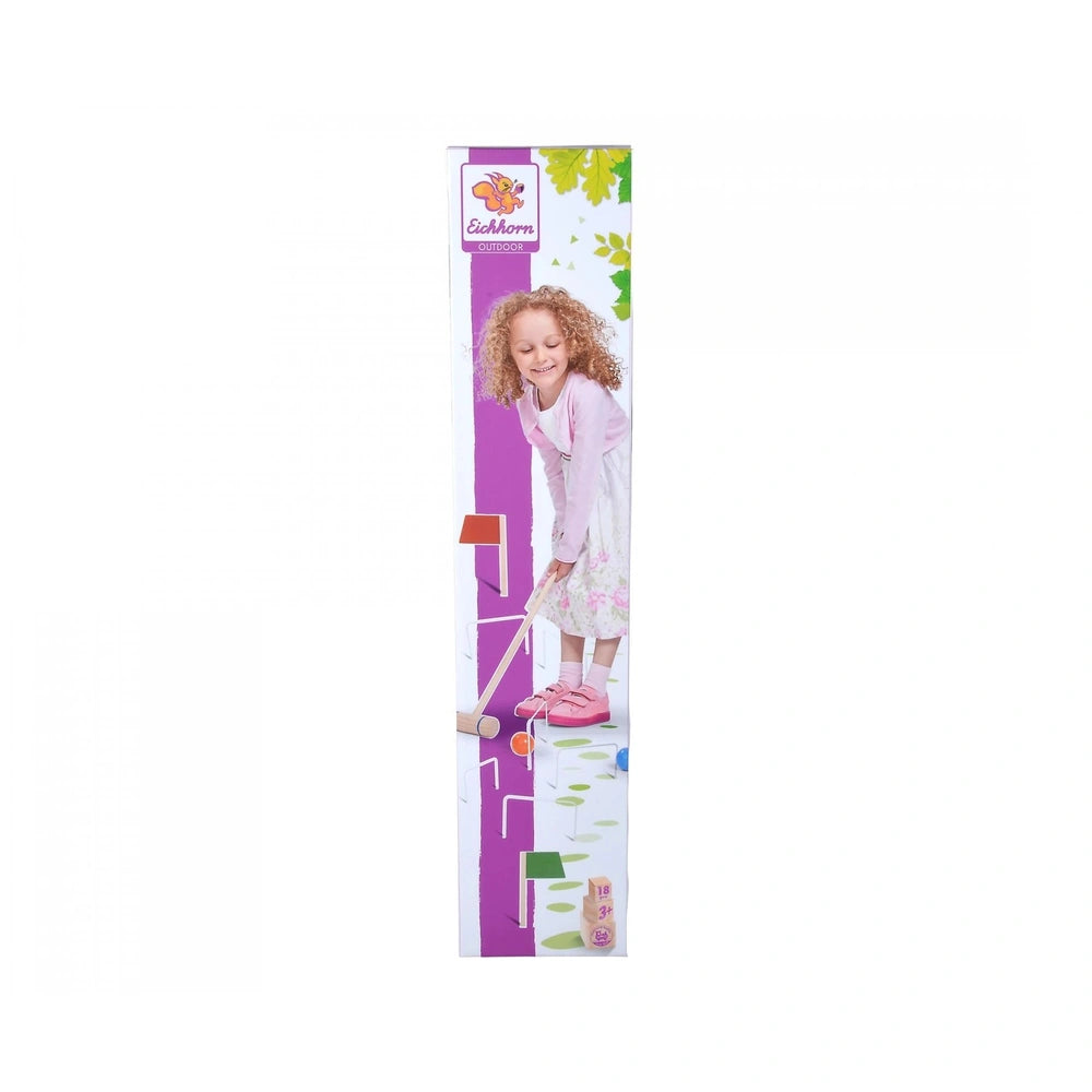 Eichhorn Outdoor Croquet Set featuring a girl in a pink dress, vibrant game board, and colorful game pieces for outdoor play.
