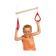 Eichhorn Outdoor Gymnastics Rings showcased with a smiling child gripping a wooden bar, emphasizing play and exercise.