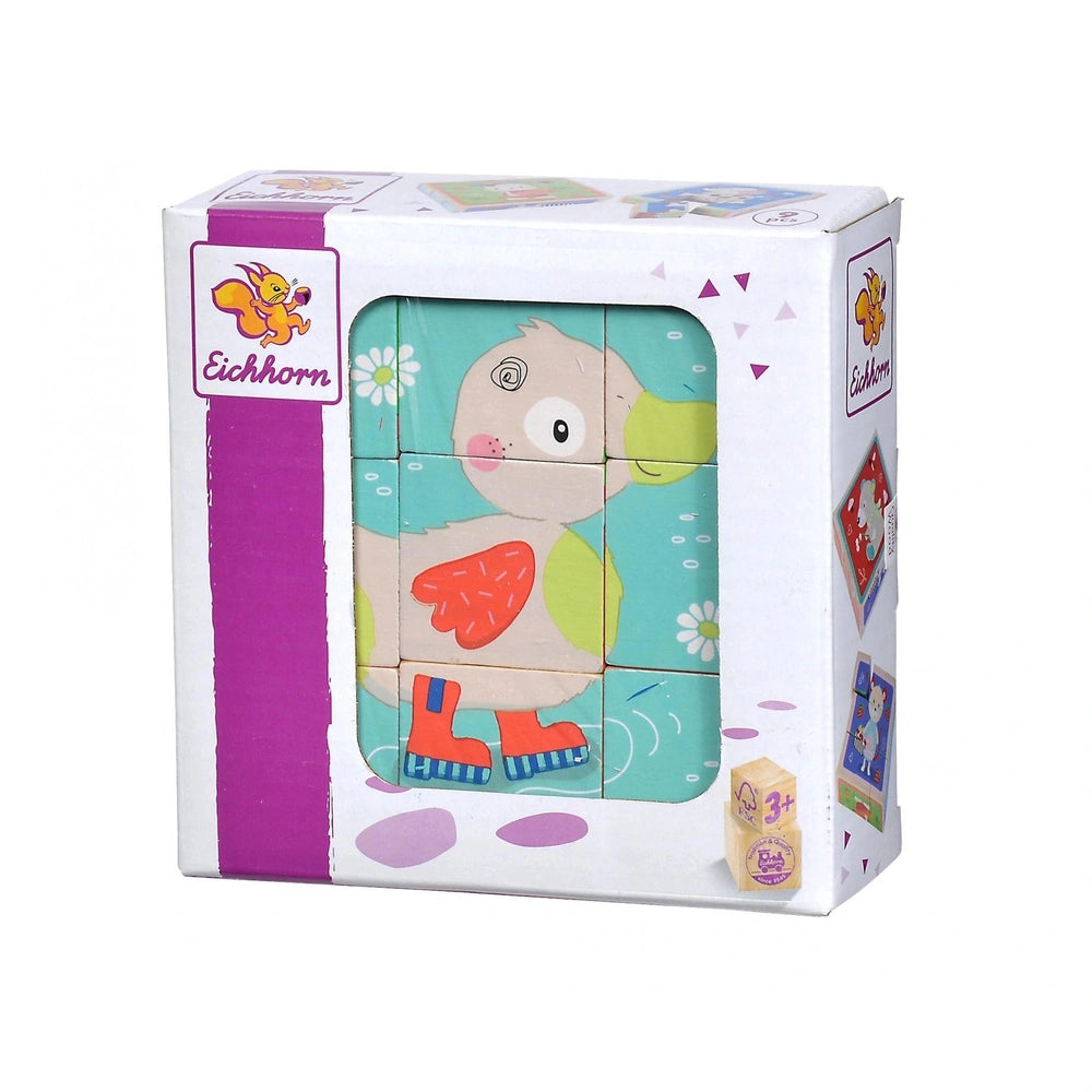 Eichhorn Picture Cube Friends 9-piece puzzle box featuring colorful cartoon animals and playful design for children.
