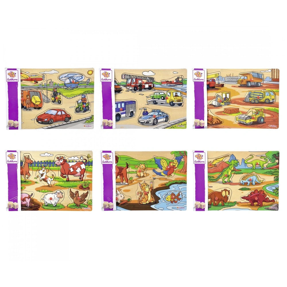 Eichhorn Pin Puzzle features vibrant, educational illustrations of vehicles on colorful square boards for children.