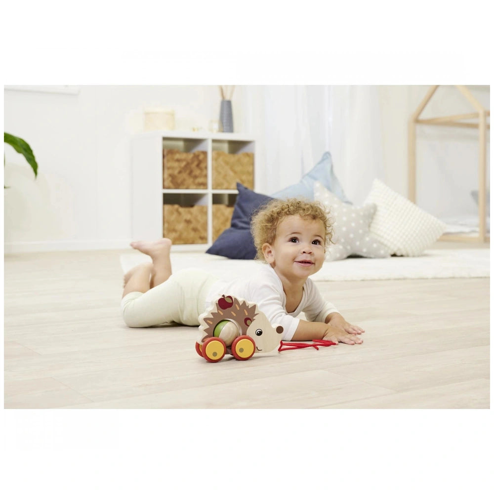 Eichhorn Pull Back Hedgehog toy beside a joyful child on a light wooden floor in a bright, airy room.