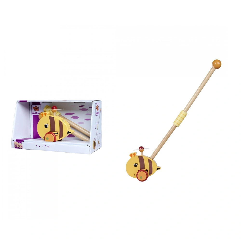 Eichhorn Push Bee with Stick set, featuring a bee toy with a cheerful face and a mallet, ideal for childrens playtime.