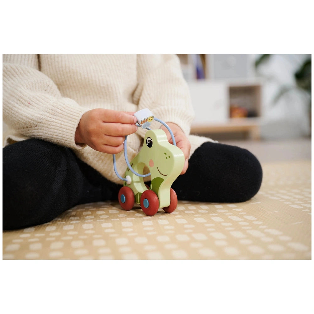 Eichhorn Push Frog toy features a smiling green frog with red wheels, held by a person in a cozy indoor setting.