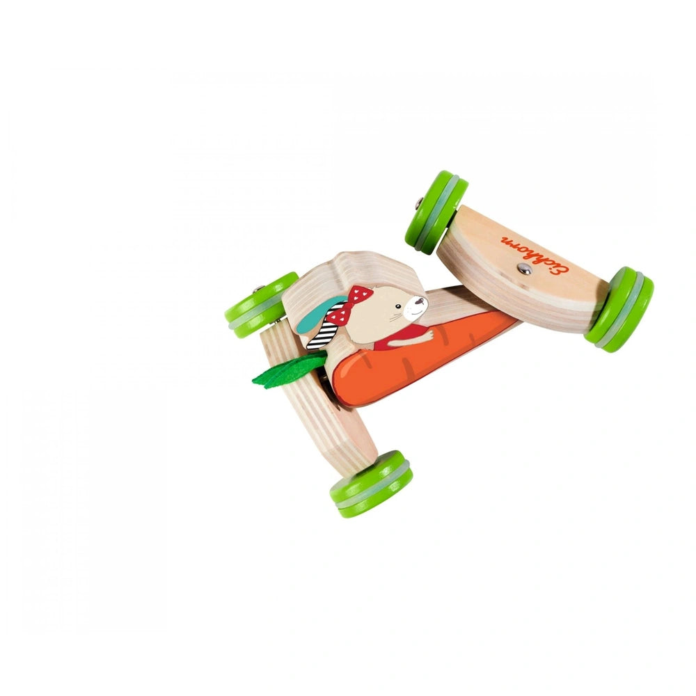 Eichhorn Push Vehicle features a colorful wooden bear design with a carrot, perfect for imaginative play.