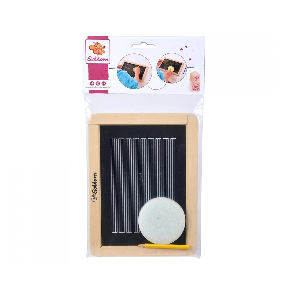 Eichhorn Small Blackboard in packaging, featuring a cartoon child drawing with a yellow pencil on a portable chalkboard.