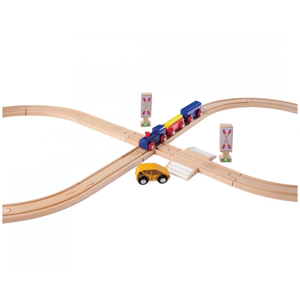 Eichhorn Train Track Playset features colorful wooden trains, intersecting tracks, and traffic signs for imaginative play.