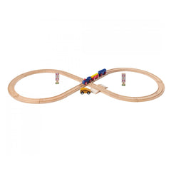 Eichhorn Train Track Playset with a colorful wooden train on curved tracks, perfect for childrens imaginative play.
