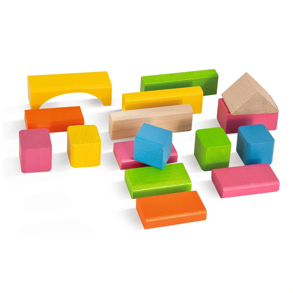 Eichhorn Wooden Blocks set featuring 60 colorful sorting and stacking pieces in various shapes on a white background.