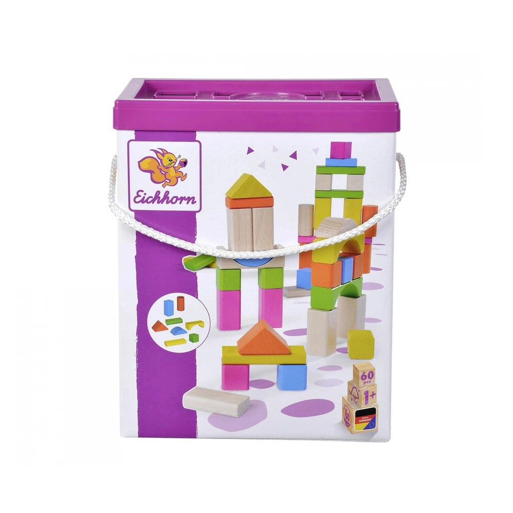 Eichhorn wooden blocks set includes 60 colorful stacking and sorting toys in a playful boxed design.