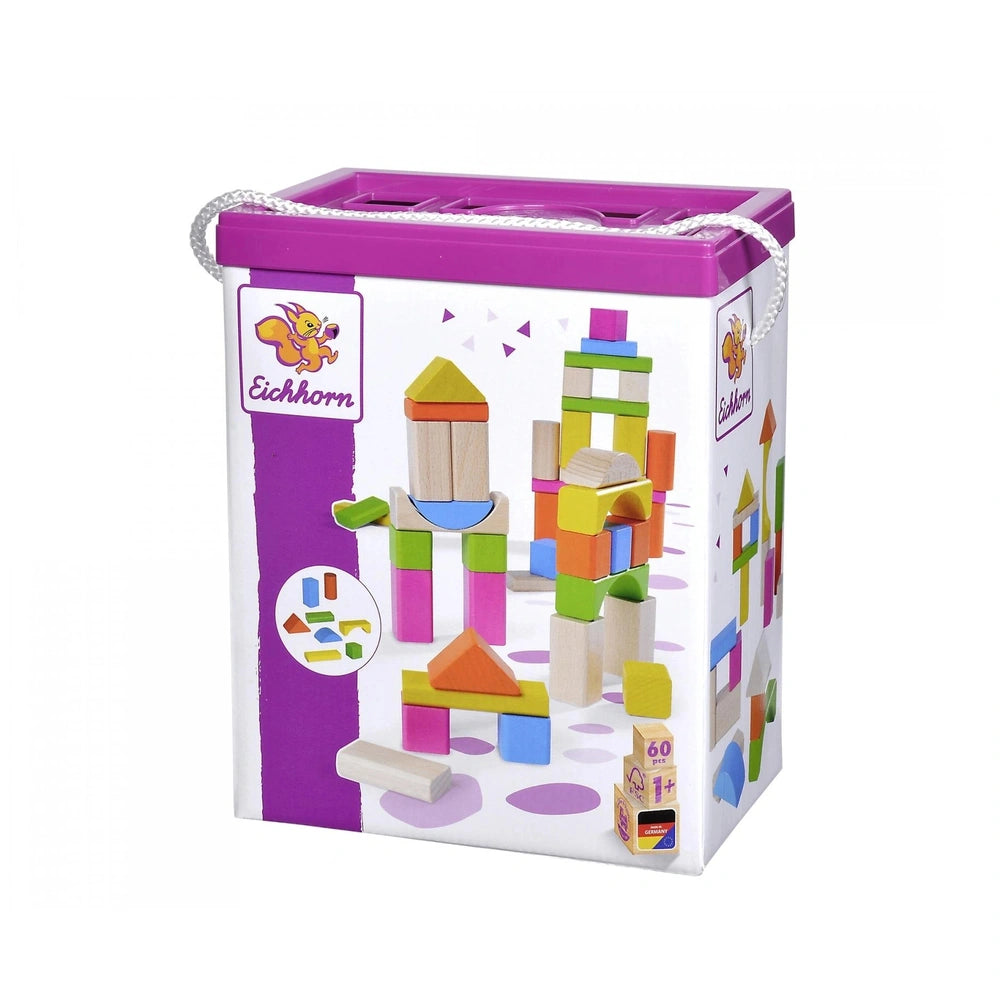Eichhorn wooden blocks set with 60 colorful pieces in a purple box featuring a cartoon squirrel and a clear lid for visibilit