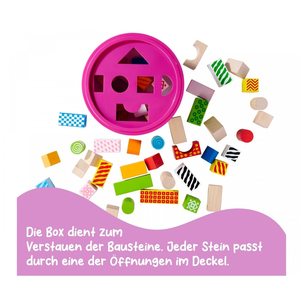 Eichhorn Wooden Blocks in Bucket, 50 colorful pieces for sorting and stacking, includes a pink lid with cut-out openings.