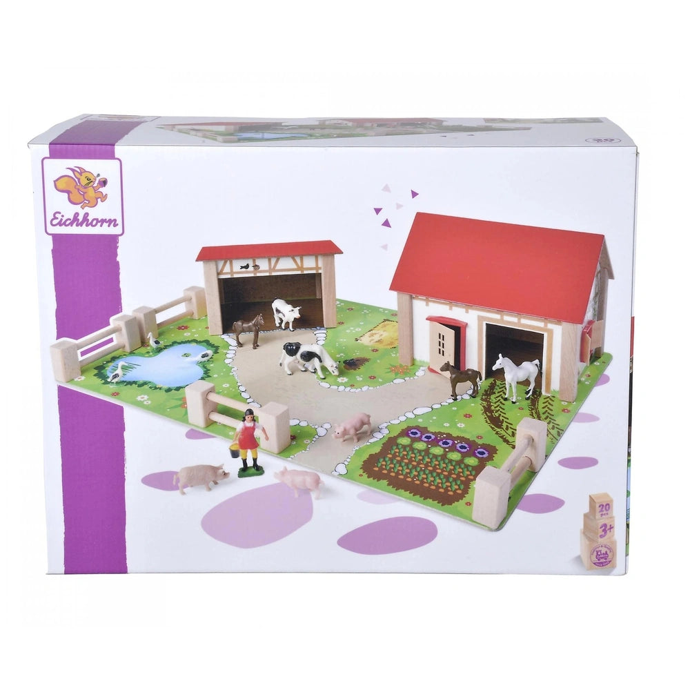 Eichhorn Wooden Farm playset features a red-roofed barn, animals, and a farmer figure, promoting imaginative play.