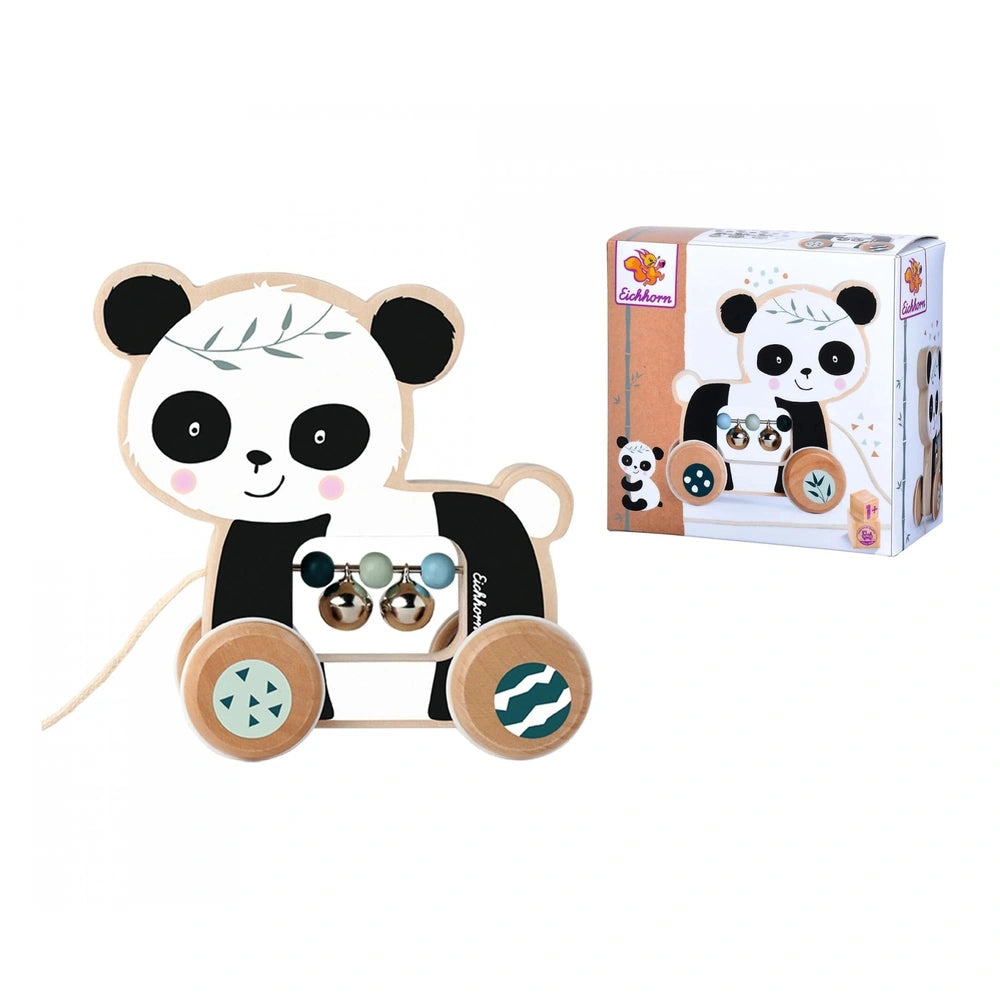 Eichhorn Wooden Pull Animal Panda toy with wheels, featuring a cute panda design and green leaf crown, in a bright setting.