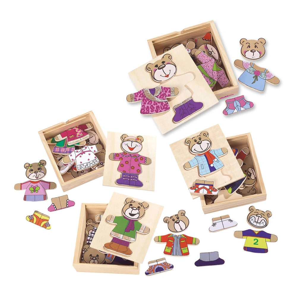 Eichhorn Wooden Puzzle Bear - 20 colorful wooden pieces featuring teddy bears in various outfits and playful designs.