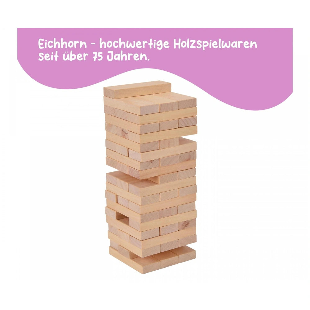 Eichhorn Wooden Stacking Tower with 54 natural wood blocks balanced playfully, showcasing quality craftsmanship in a promotio