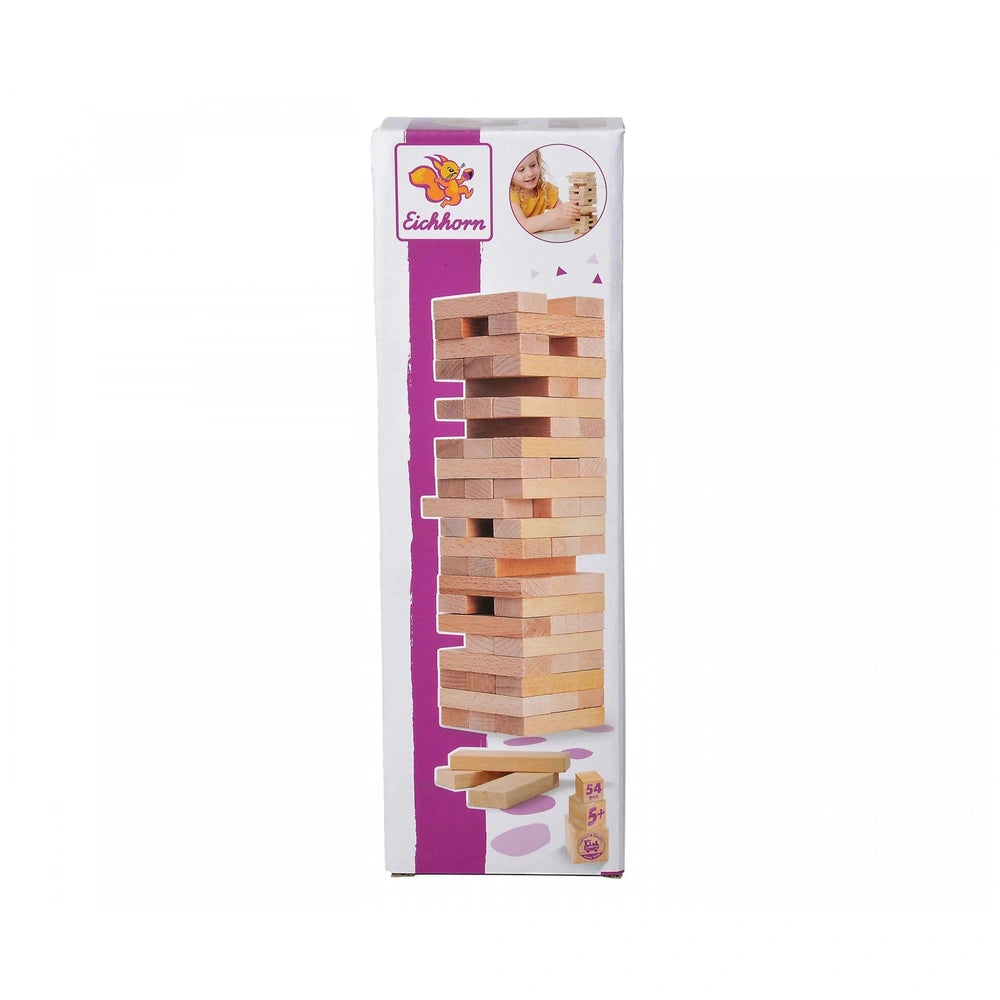 Eichhorn Wooden Stacking Tower packaging features a colorful design, showcasing 54 wooden blocks for creative play.