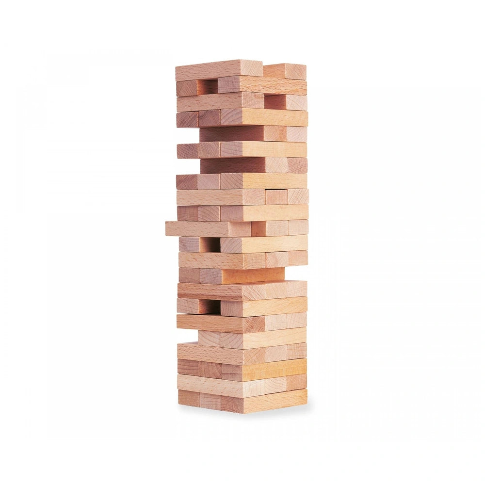 Eichhorn Wooden Stacking Tower featuring 54 wooden blocks in varying shades of brown, arranged in a vertical stack on a white