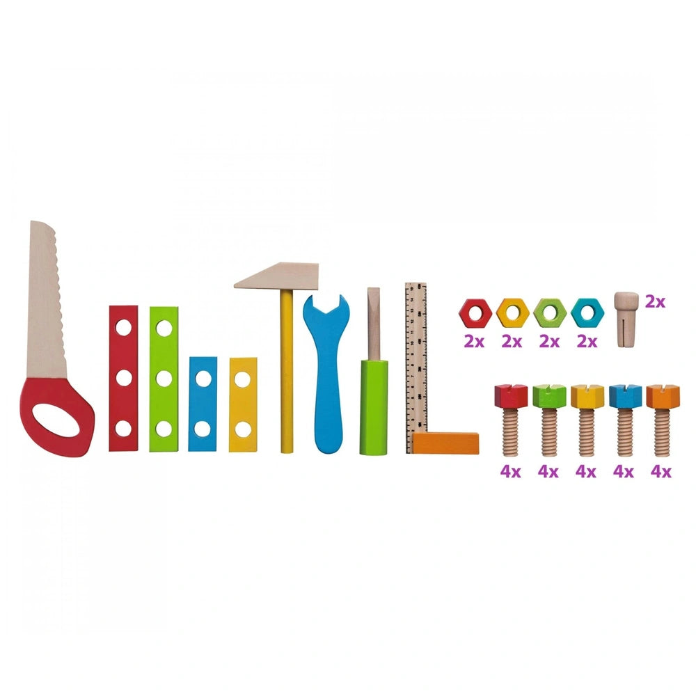 Eichhorn Work Bench tools including pliers, screws, nuts, and measuring devices arranged on a white background.