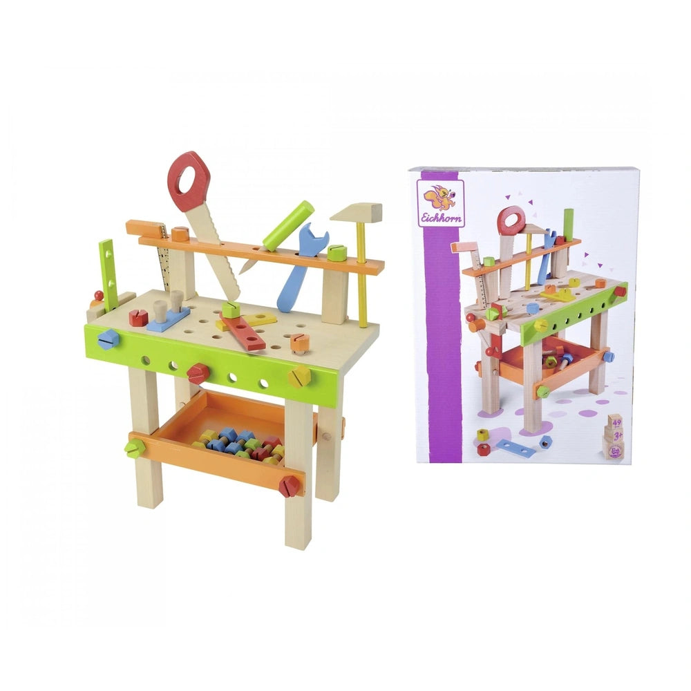 Eichhorn Work Bench toy set features a colorful wooden bench with tools for imaginative play and creative role playing.