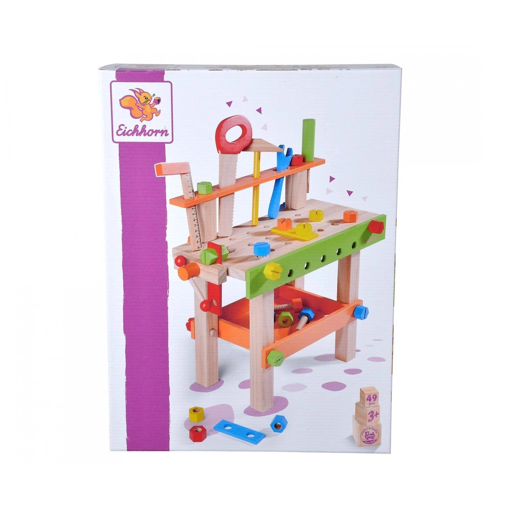 Eichhorn Work Bench toy set featuring a wooden base, colorful components, and brand logo on a plain white background.