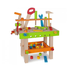 Eichhorn Work Bench set features colorful wooden tools and components for pretend play and role-playing construction activiti