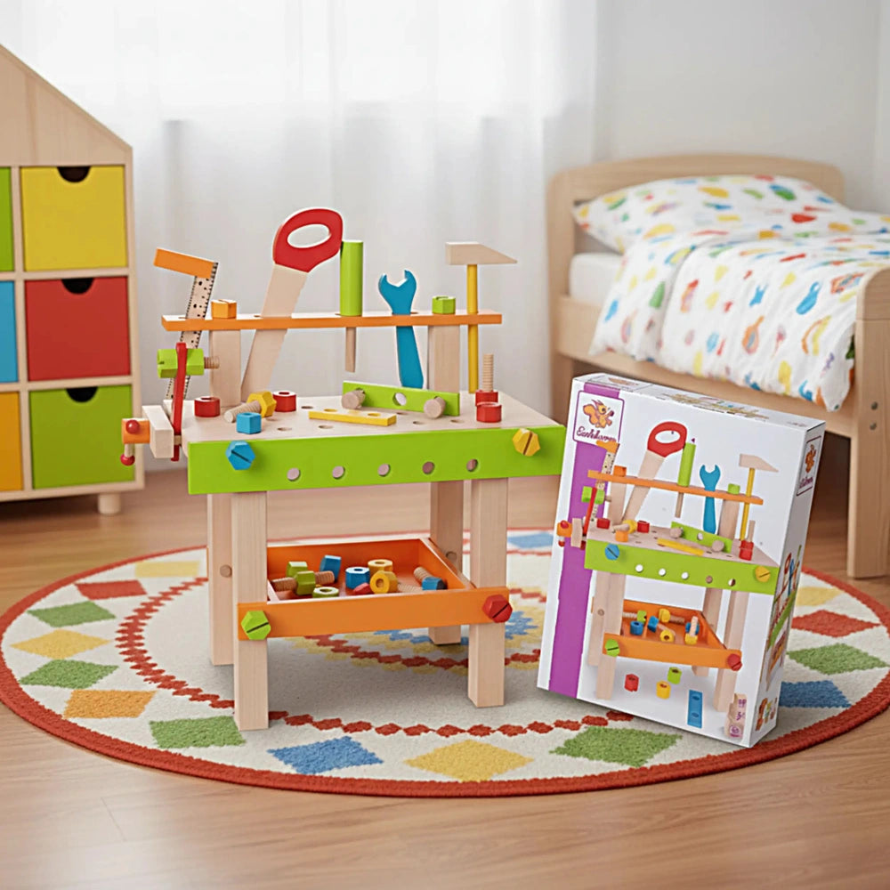 Eichhorn Work Bench featuring colorful wooden tools, a toolbox, and a playful bedroom setting for imaginative role play.