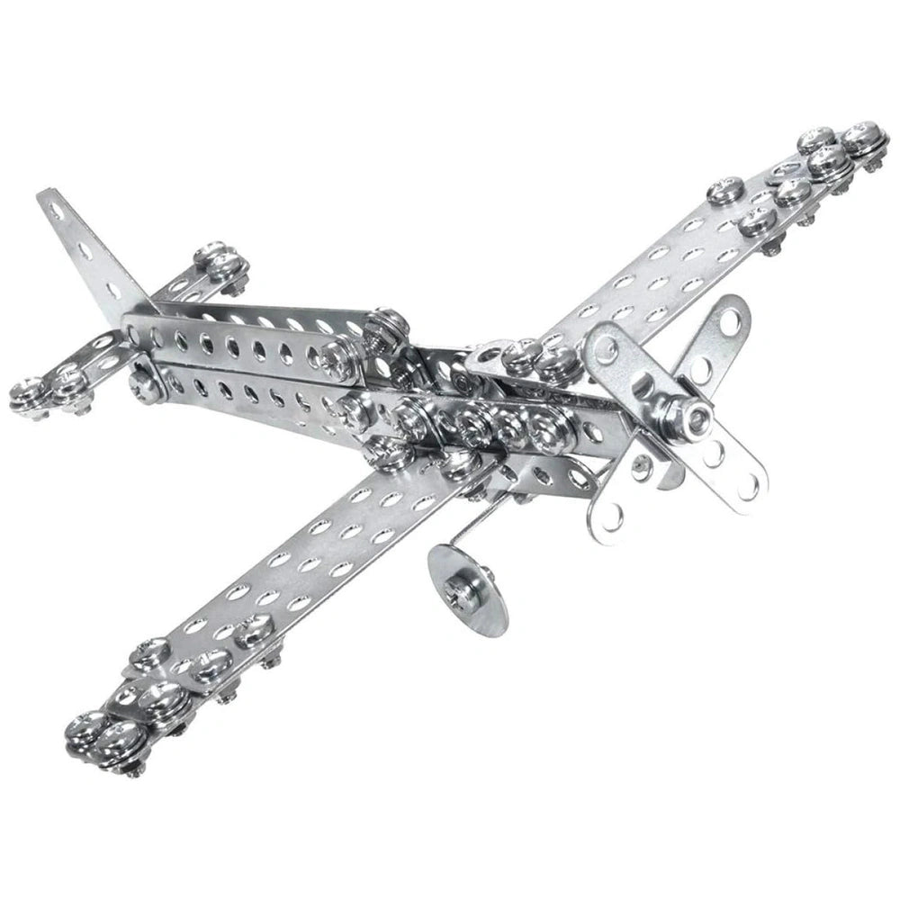 Eitech biplane propeller plane construction set features silver metal components with holes, including a wing-like structure 