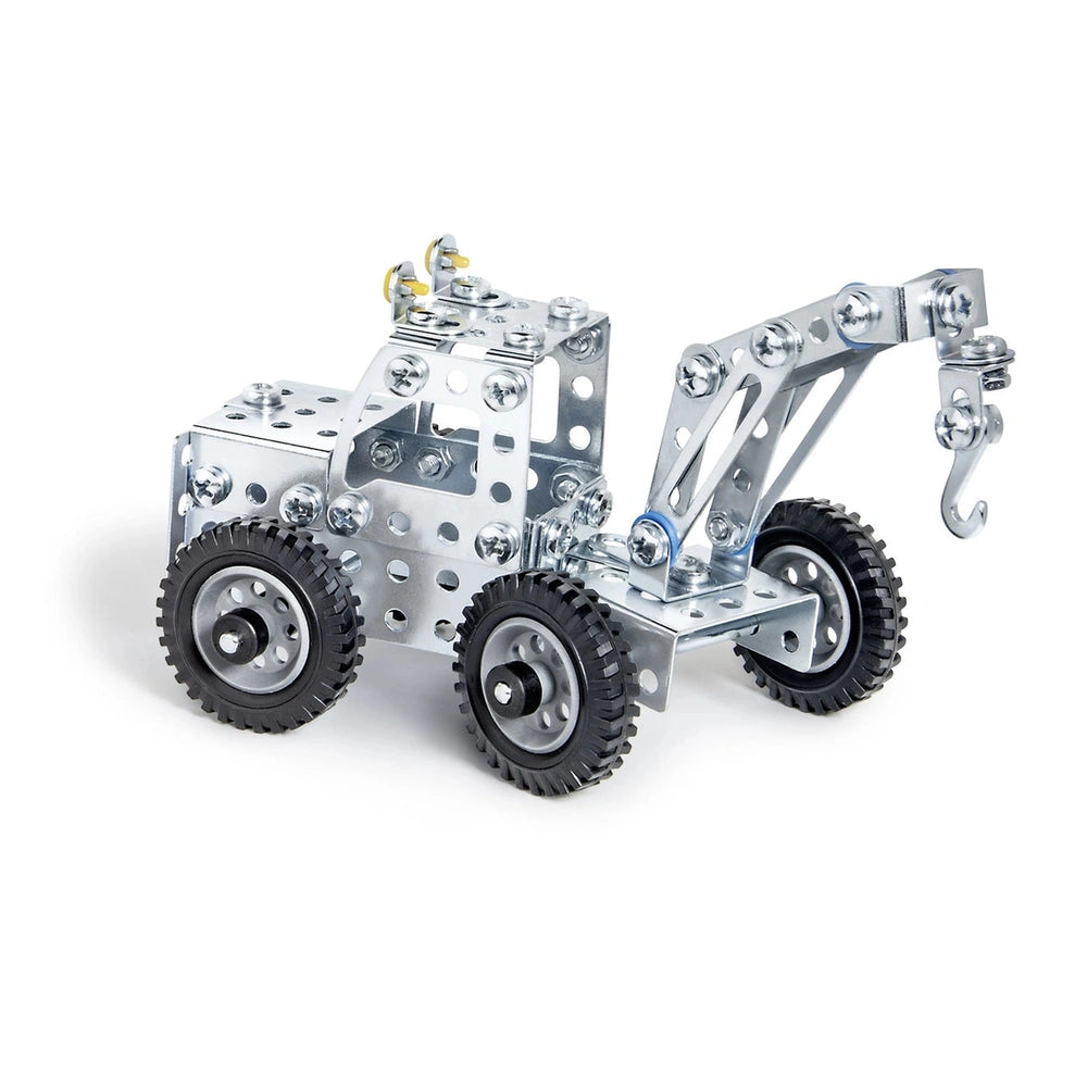 Eitech Bulldozer construction set toy features a shiny silver metal chassis, extended lifting arm, and four black rubber whee