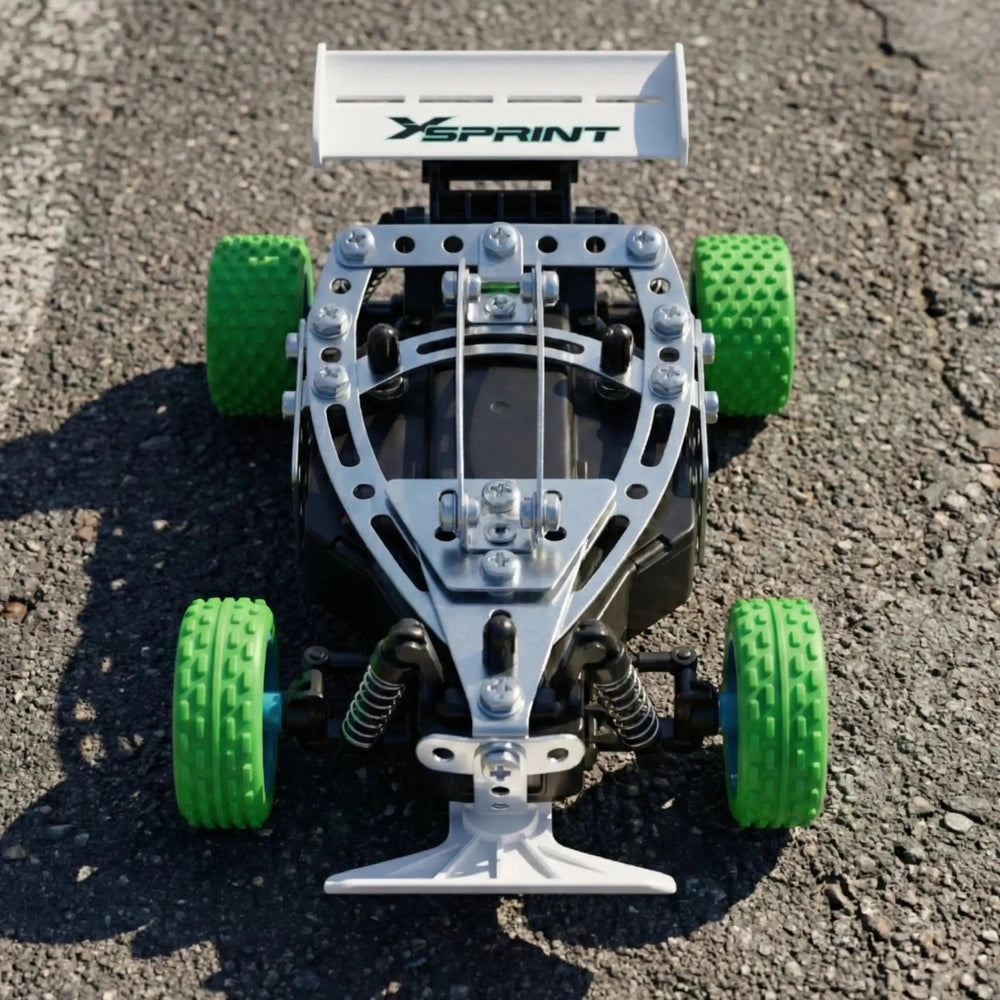 Eitech remote controlled speed race car features a black body, green foam wheels, and a white metallic bumper with "XSPRINT" 