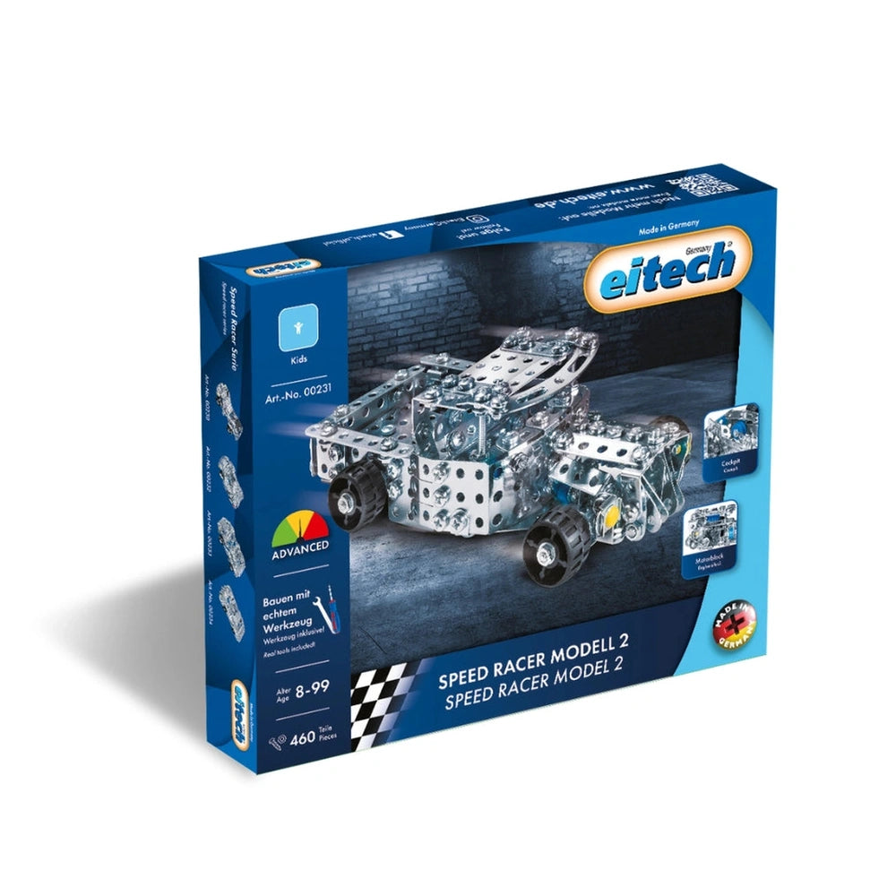 Eitech Speed Racer construction set packaging features a glossy window, blue background, and a model with a white and black c