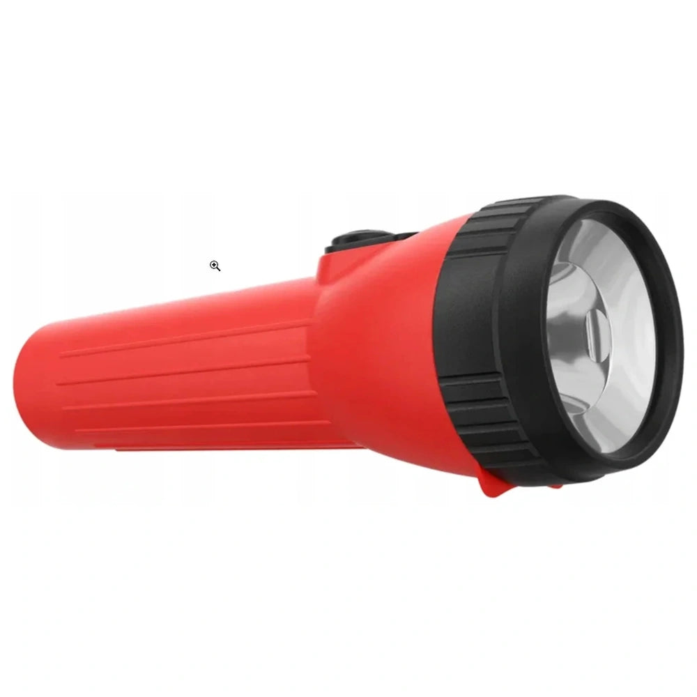 Energizer Abs 2D torch in red with black accents, featuring a clear lens, black clip, and rubberized grip for easy handling.