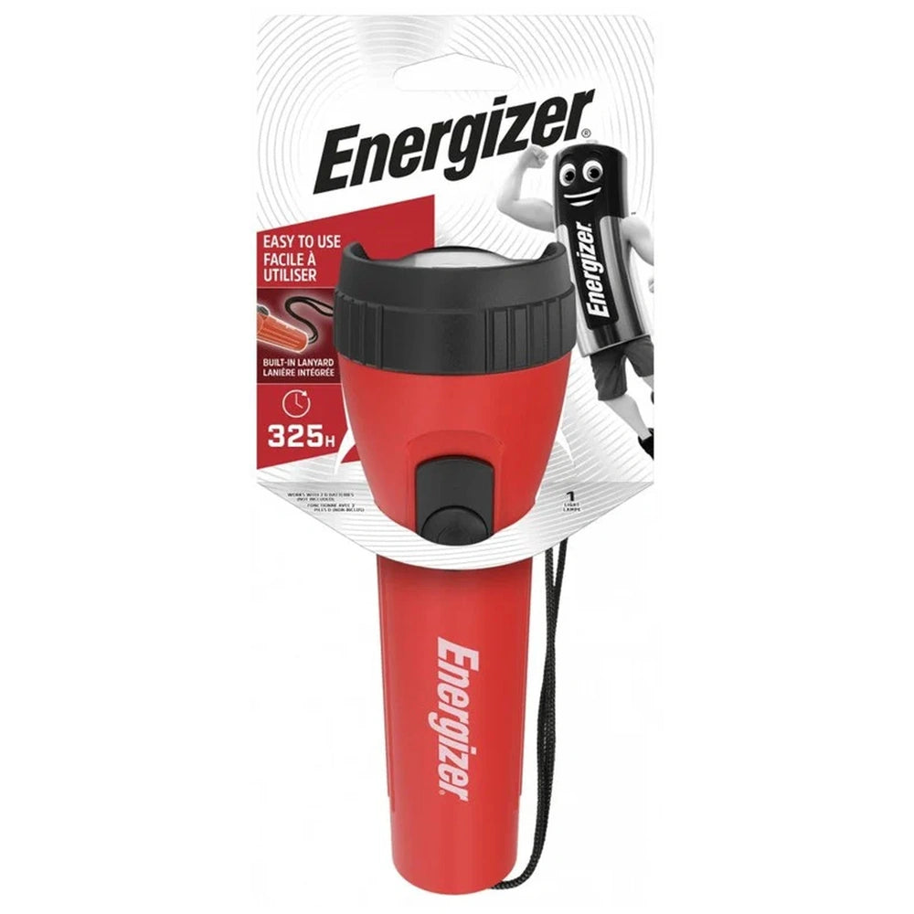 Energizer Abs 2D torch with red and black cup, white label, and battery pack, showcasing key specifications and branding.