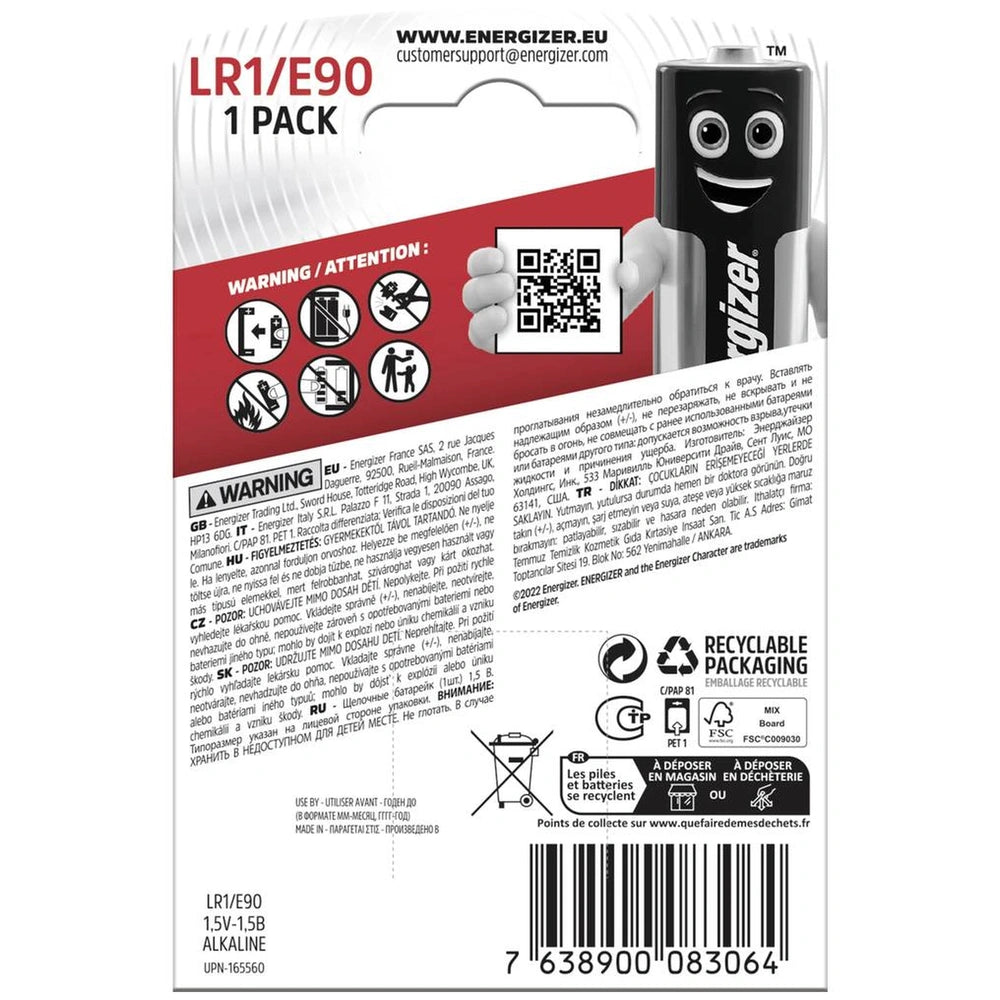 Energizer E90 N Battery retail packaging features a red background with white and black text, showcasing a glossy plastic win