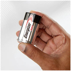Energizer Max LR20 D battery featuring a glossy black and white case with a metallic silver and black design.