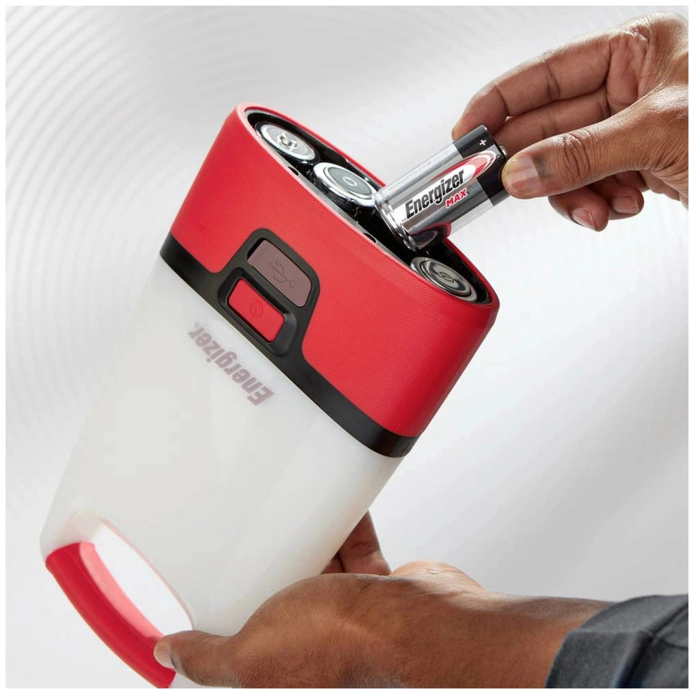 Energizer Max LR20 D battery with red and white plastic casing and metallic component, featuring "ENERGIZER MAX" text.