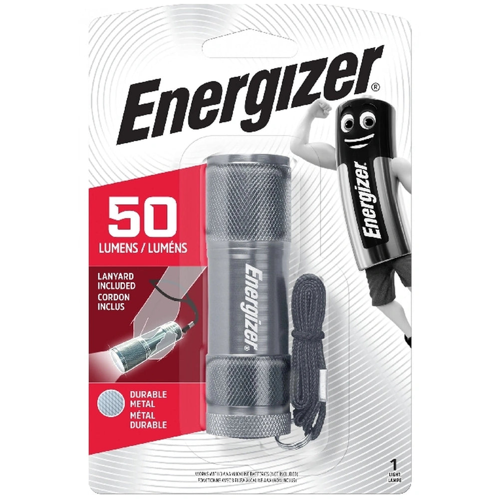 Energizer Metal 2AA Torch 50 Lumen flashlight in black and silver packaging with clear window and multiple labels.